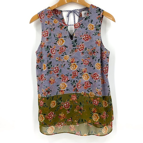 Cabi Penelope Top # 5354, Floral & Striped Print Sleeveless Layered Top, Small - Picture 13 of 16